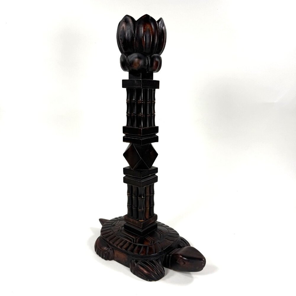 Vintage Turtle Candle Holder Hand Carved Dark Wood Bamboo Lotus Flower MCM